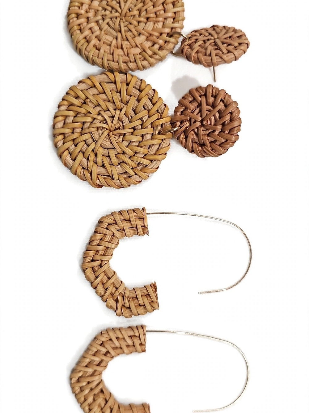 Bundle 2 Rattan Earrings - Double Circle Drop + U Hoop Woven Straw Boho NWT